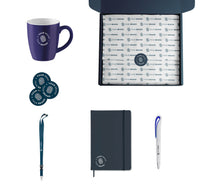 Essentials branded swag box with custom mug, coasters, lanyard, notebook and pen
