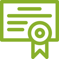 Green icon of a certificate with a ribbon on a white background