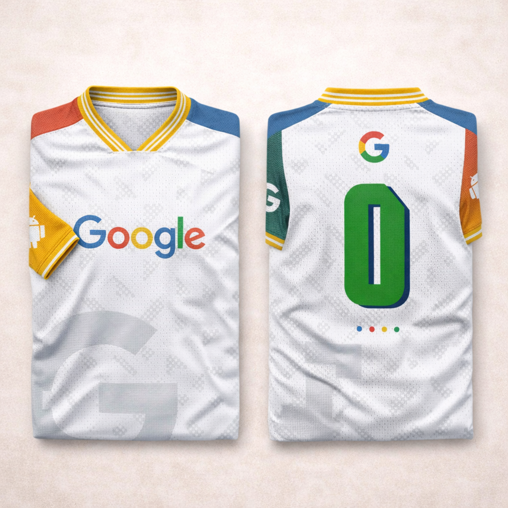 White sports jersey with Google logo on a light beige background