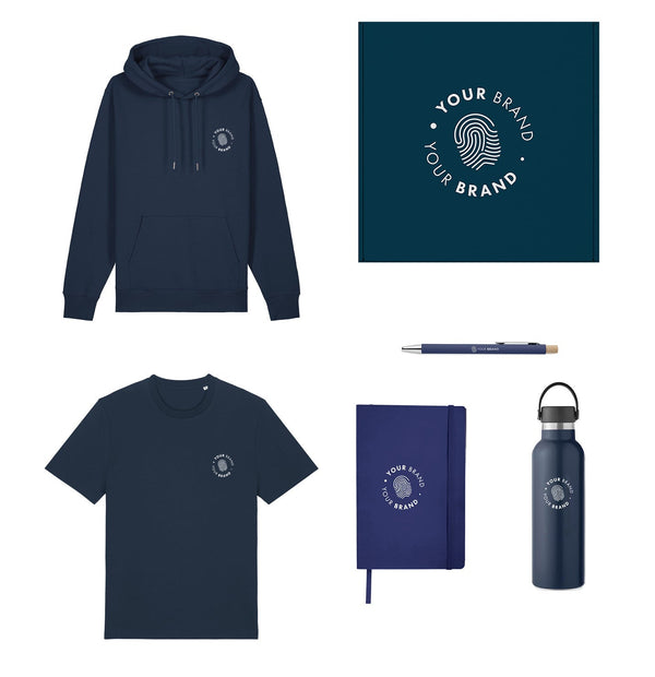 Fully kitted out swag box with hoodie, t-shirt, notebook, pen, and water bottle