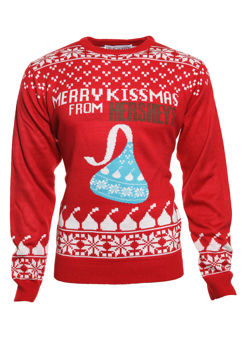 Red sweater with Hershey's Kiss design and text on a white background