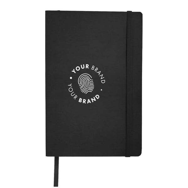 Custom branded black softcover notebook with elastic closure and large company logo on cover
