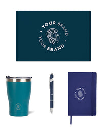 Less is more swag box with tumbler, pen, and notebook