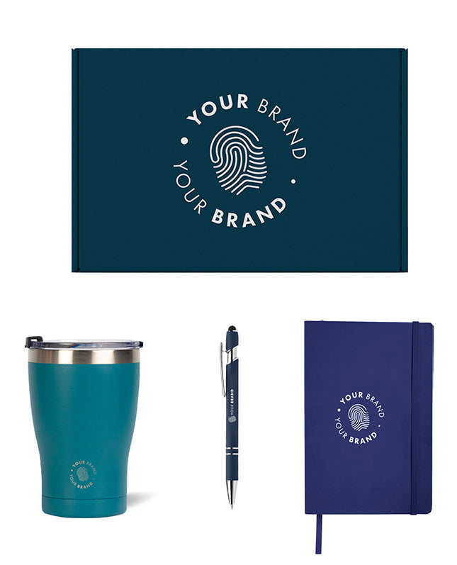 Less is more swag box with tumbler, pen, and notebook