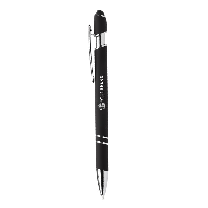 Custom branded black recycled stylus ballpoint pen with silver accents and company logo
