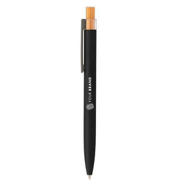 Custom branded black recycled ballpoint pen with rose gold accent and company logo
