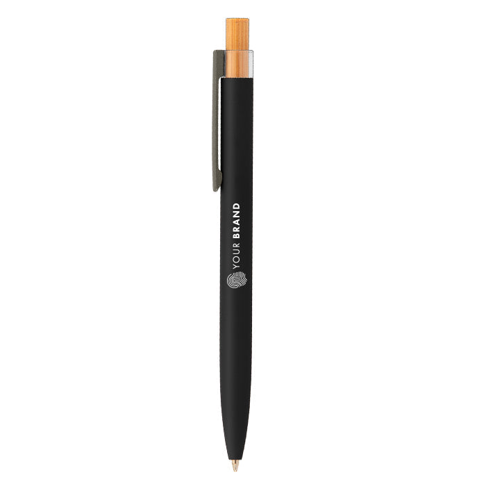 Custom branded black recycled ballpoint pen with rose gold accent and company logo
