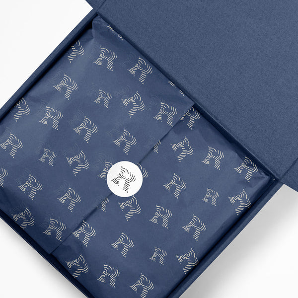 Blue box with a patterned interior and a circular logo on a white background